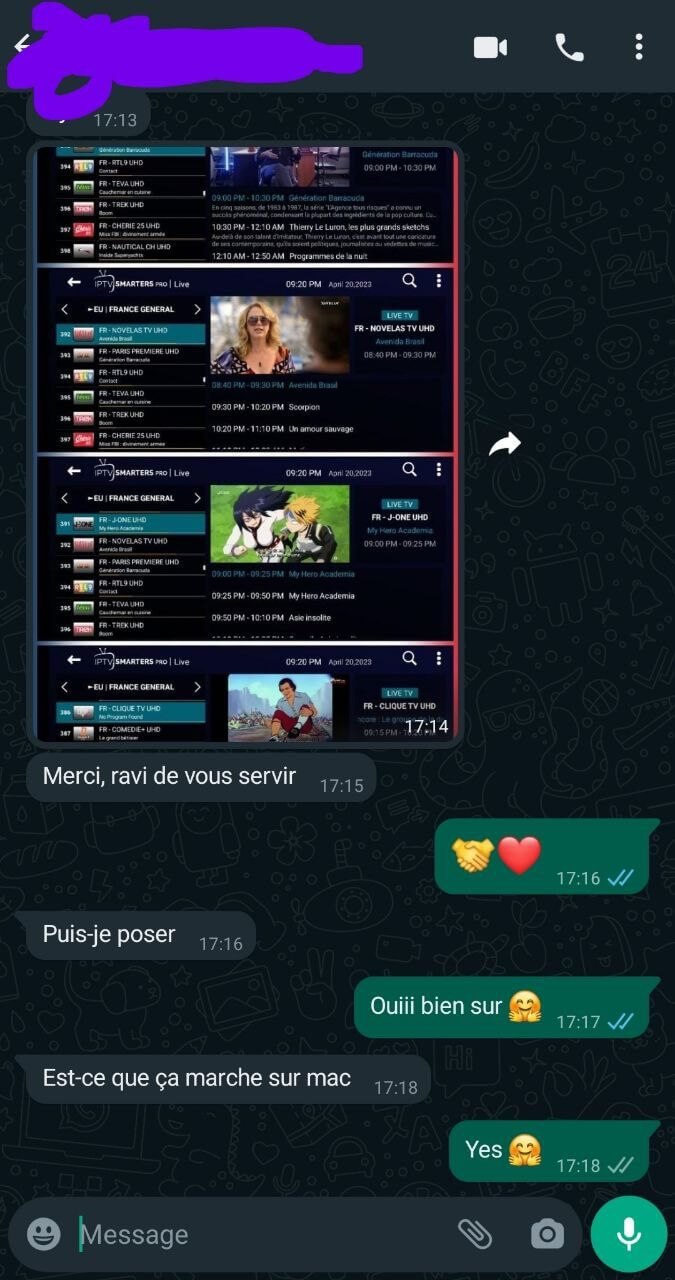 conversation de client satsfait de mon service iptv