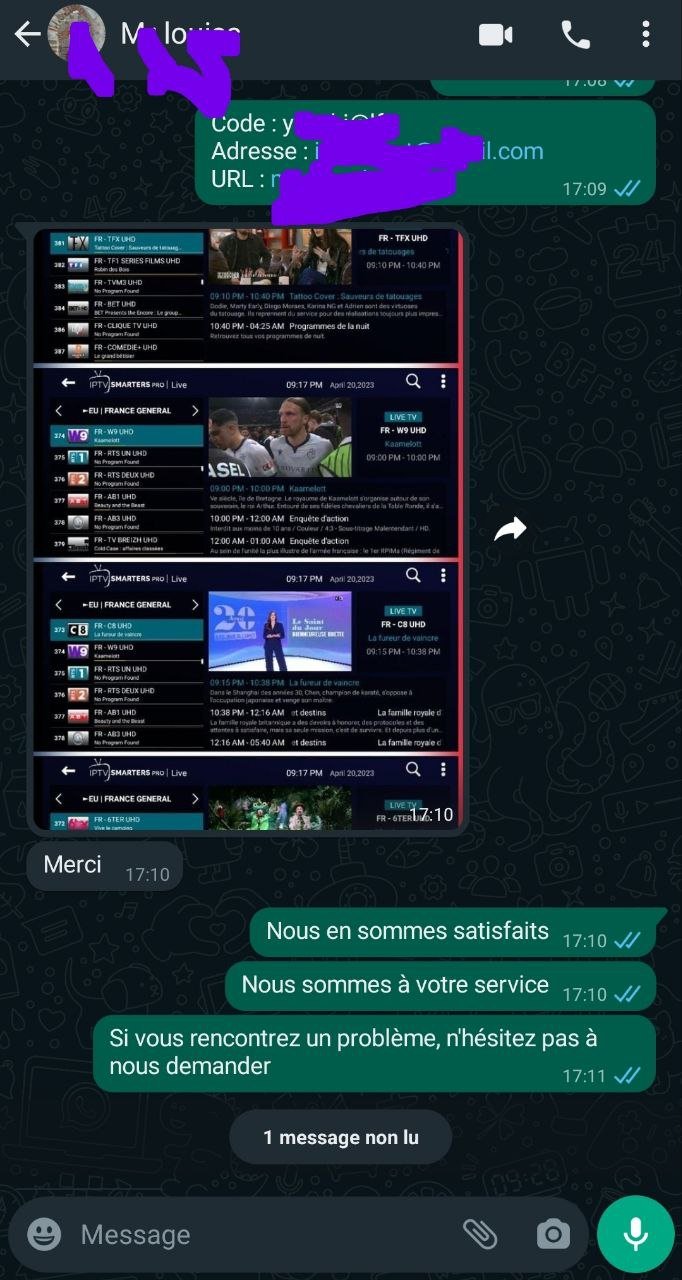 conversation de client satsfait de mon abonnement iptv smarters