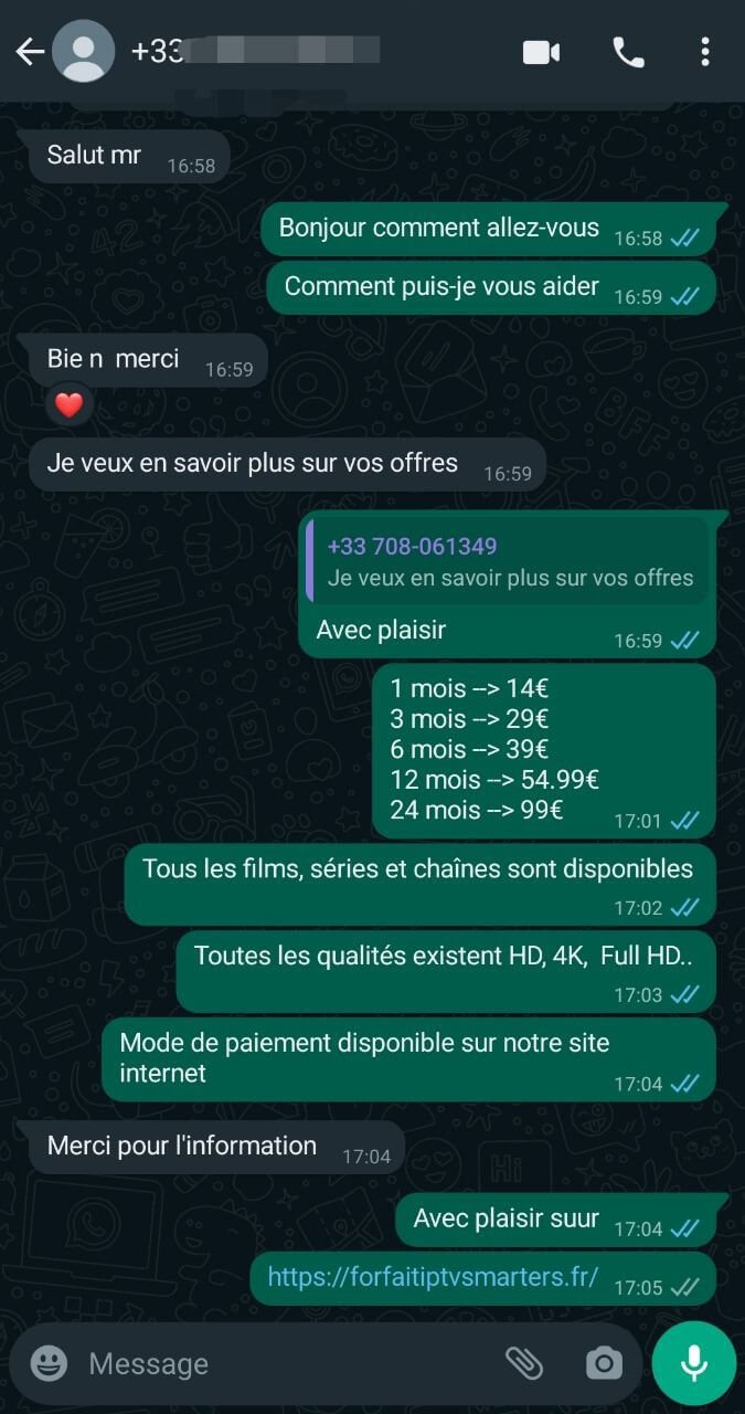 conversation de client satsfait de mon service iptv smarters