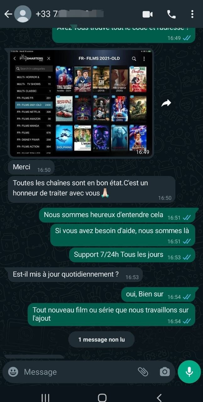 conversation de client satsfait de mon service iptv smarters